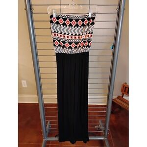 Fio Fio Strapless Geometric Tribal Print Maxi Jumpsuit Black Red White Small